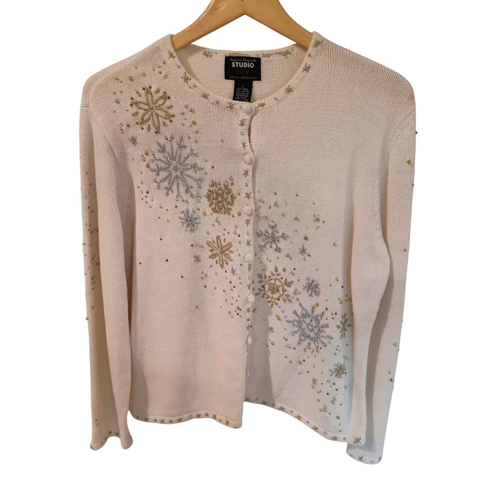 Designers Originals Studio Joy Snowflake Beaded Cardigan Sweater Cream Large